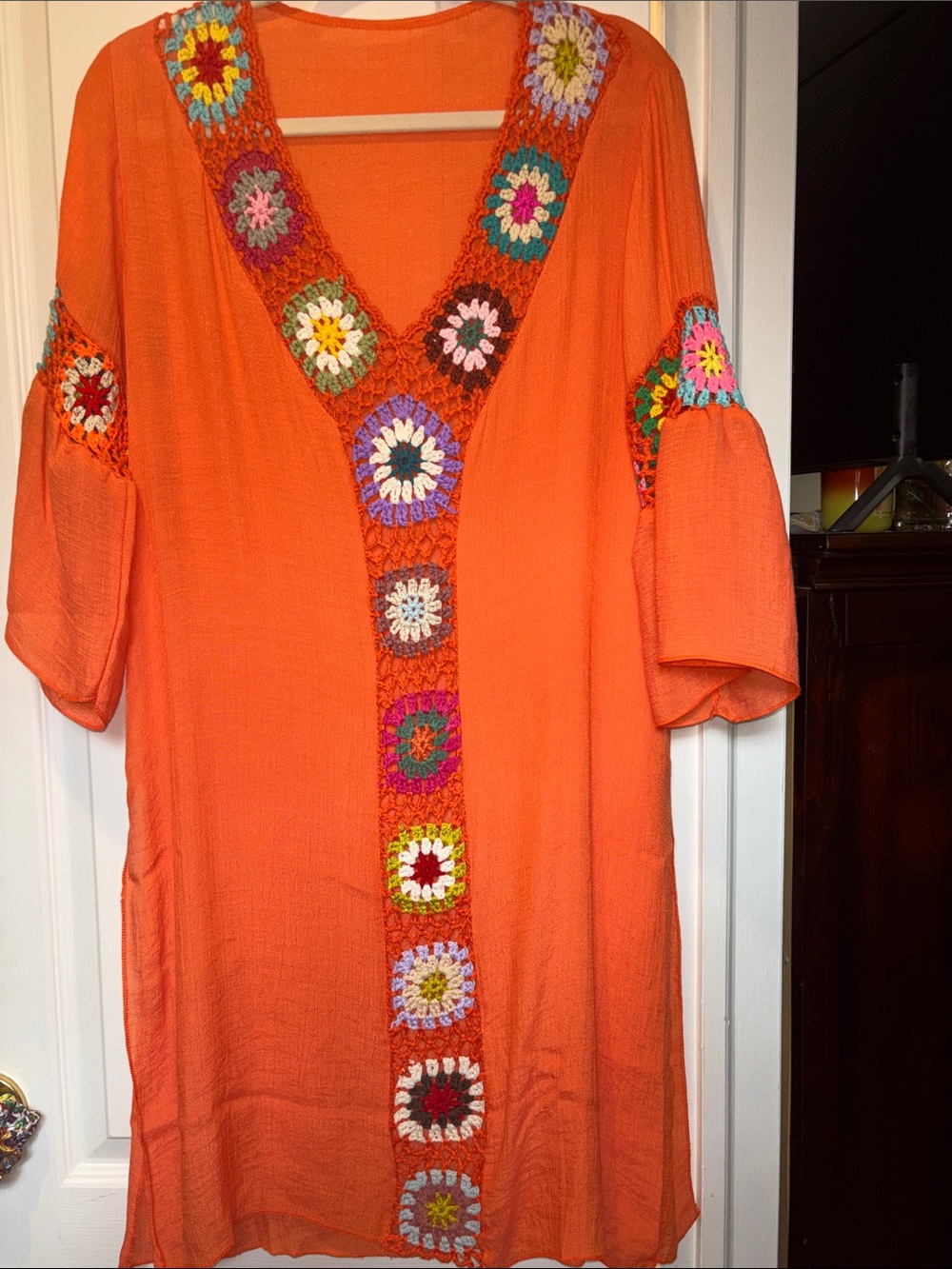 ORANGE DRESS/COVERUP CROCHETED DETAIL DOWN CENTER & ON 3/4”SLEEVES NWTS ONE SIZE